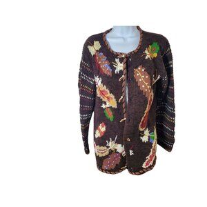 Vintage Hand-Knit Storybook Knits Cardigan Sweater Brown Multicolor Toggle Closu